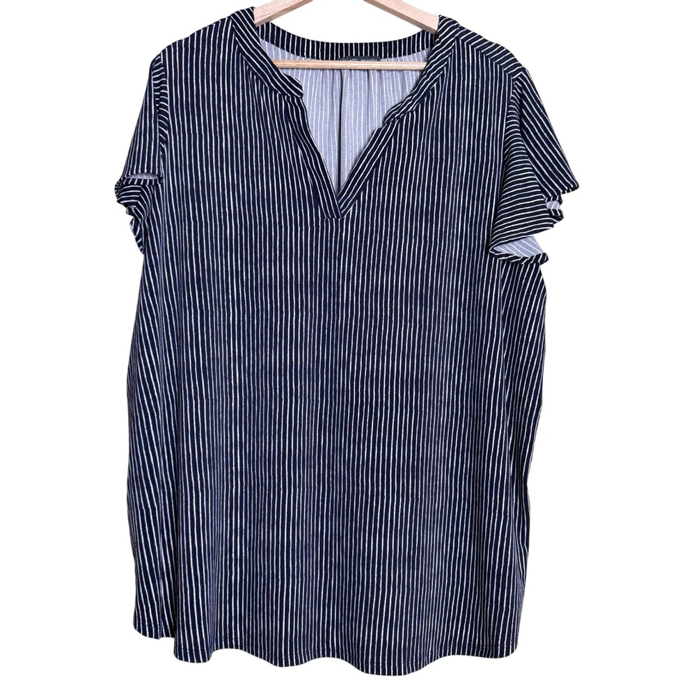 Adrianna Papell Blouse Women Plus 2X Navy Striped Nautical Preppy V-Neck Office
